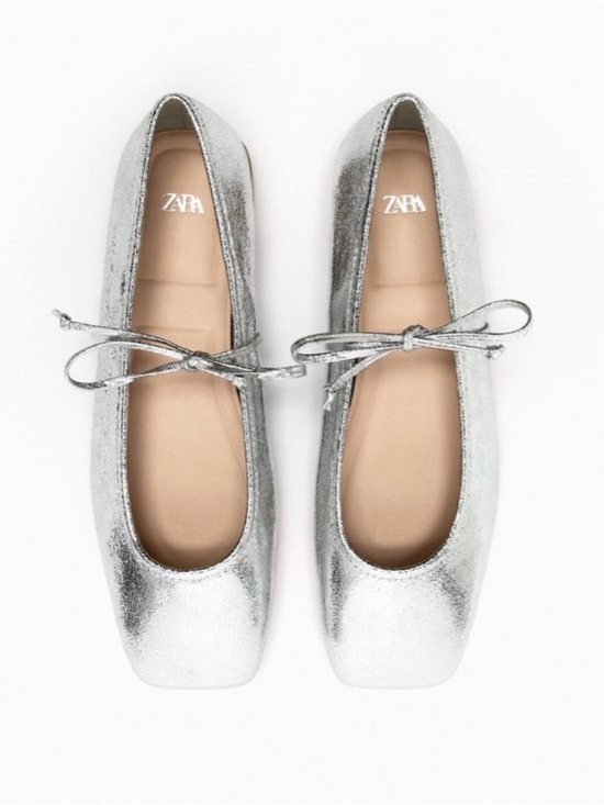 Zara Shoes - Zara Metallic Silver Ballet Flats with Bow Trim